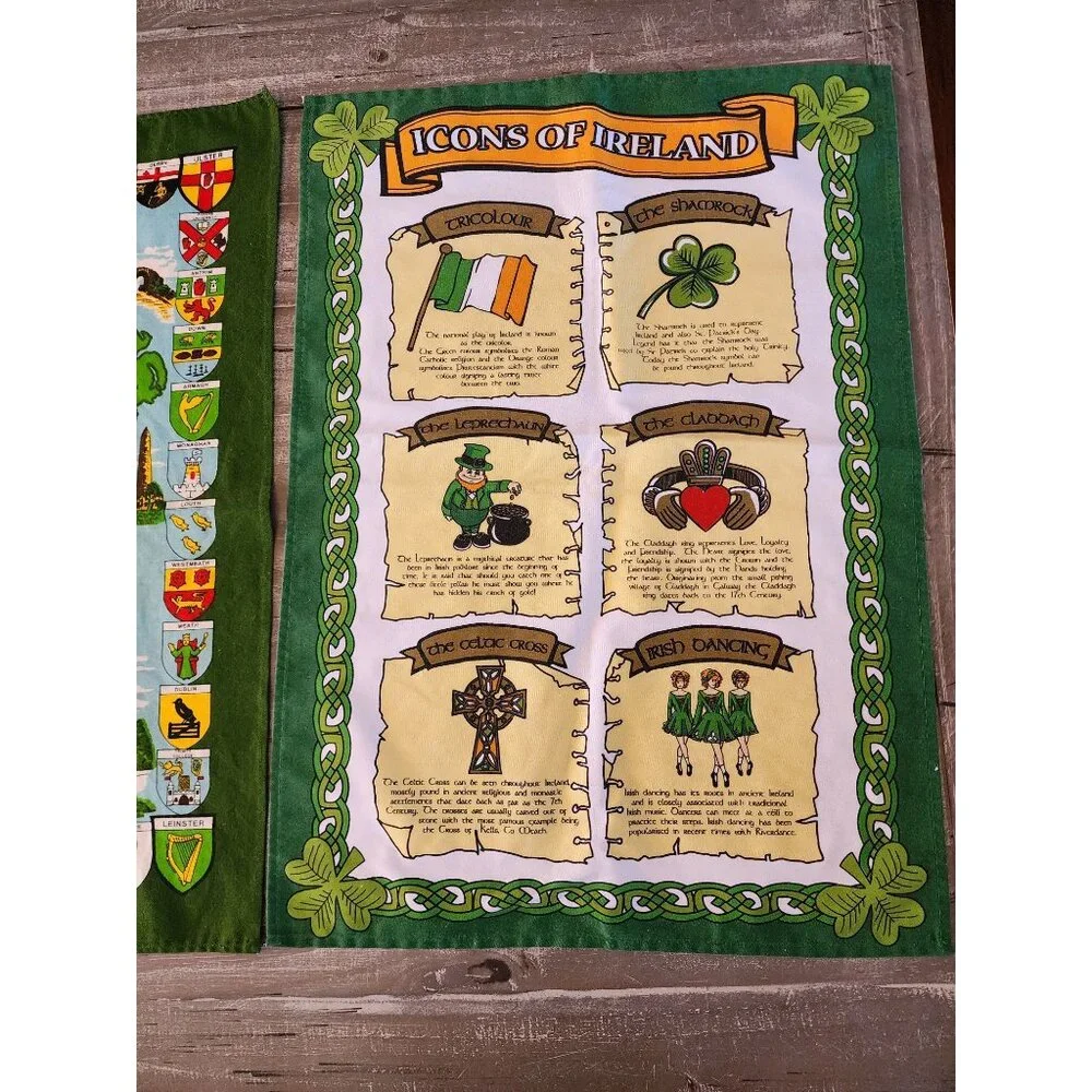 Irish Heritage Tea‎ Towels Set Of 2 With Map with Coat of Arms  & Icons Design